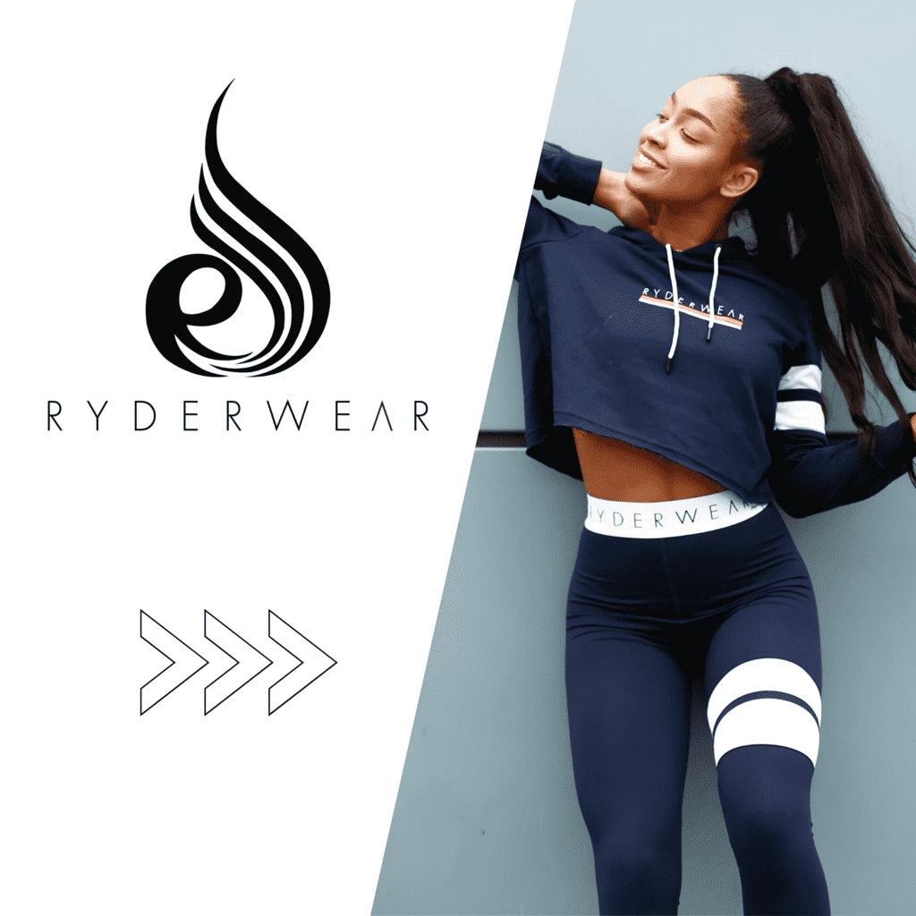 Ryderwear logo beside a woman wearing a navy cropped hoodie and navy leggings.