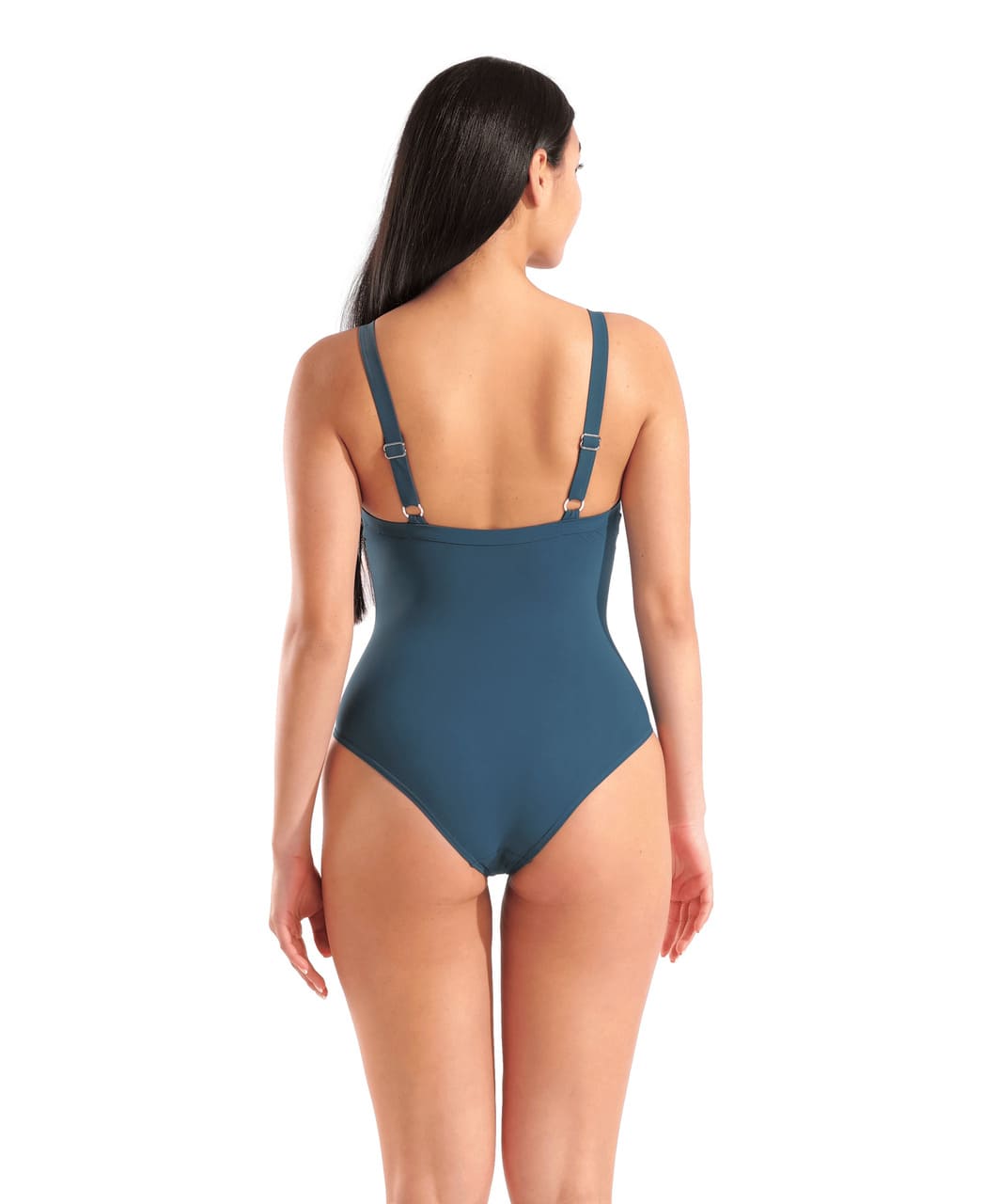Lara sundbolur með aðhaldi úr Shapewear línu Arena sýndur á stúdíómynd sem sýnir bakhlið sundbolsins og fallegt Soft curve bakið. miðlungs skorinn sundbolinn og góða þekju