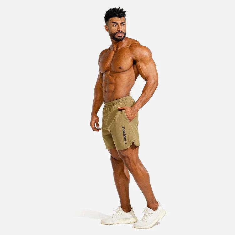 Stuttbuxur - karlar - herra - Íþróttaföt - íþróttafatnaður - æfingaföt - æfingafatnaður - ræktarföt - SQUAT - WOLF - SQUATWOLF - Ludus.is - taupe - ljósbrúnar - Crossfit - hlaup
