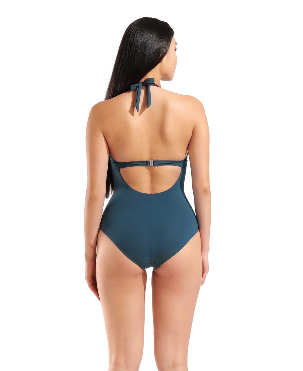 Dökkgrænn Arena Shapewear Alessia sundbolur með aðhaldi og opnu Clip baki. Mynd sýnir konu í Alessia, mynd að aftan