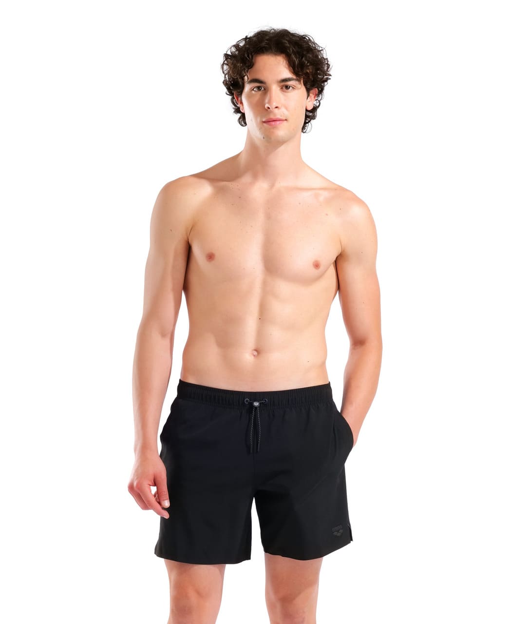 Svartar Arena Evo II Beach Boxer Solid sundbuxur á herra, framhlið með hönd í hliðarvasa