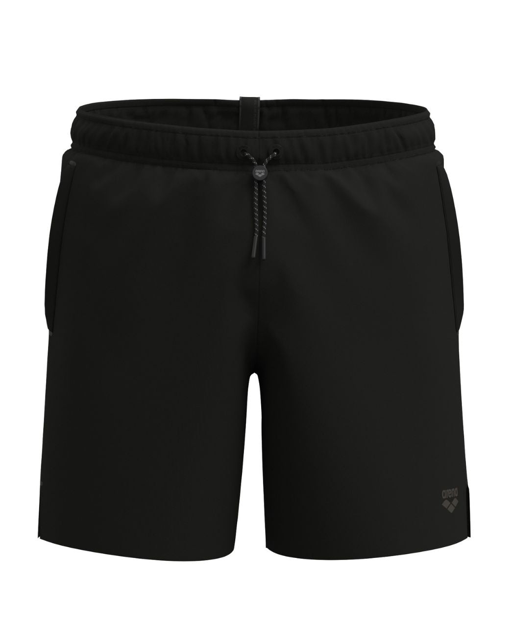 Svartar Arena Evo II Beach Boxer Solid sundbuxur á hvítum bakgrunni, framhlið með smellulás á reim