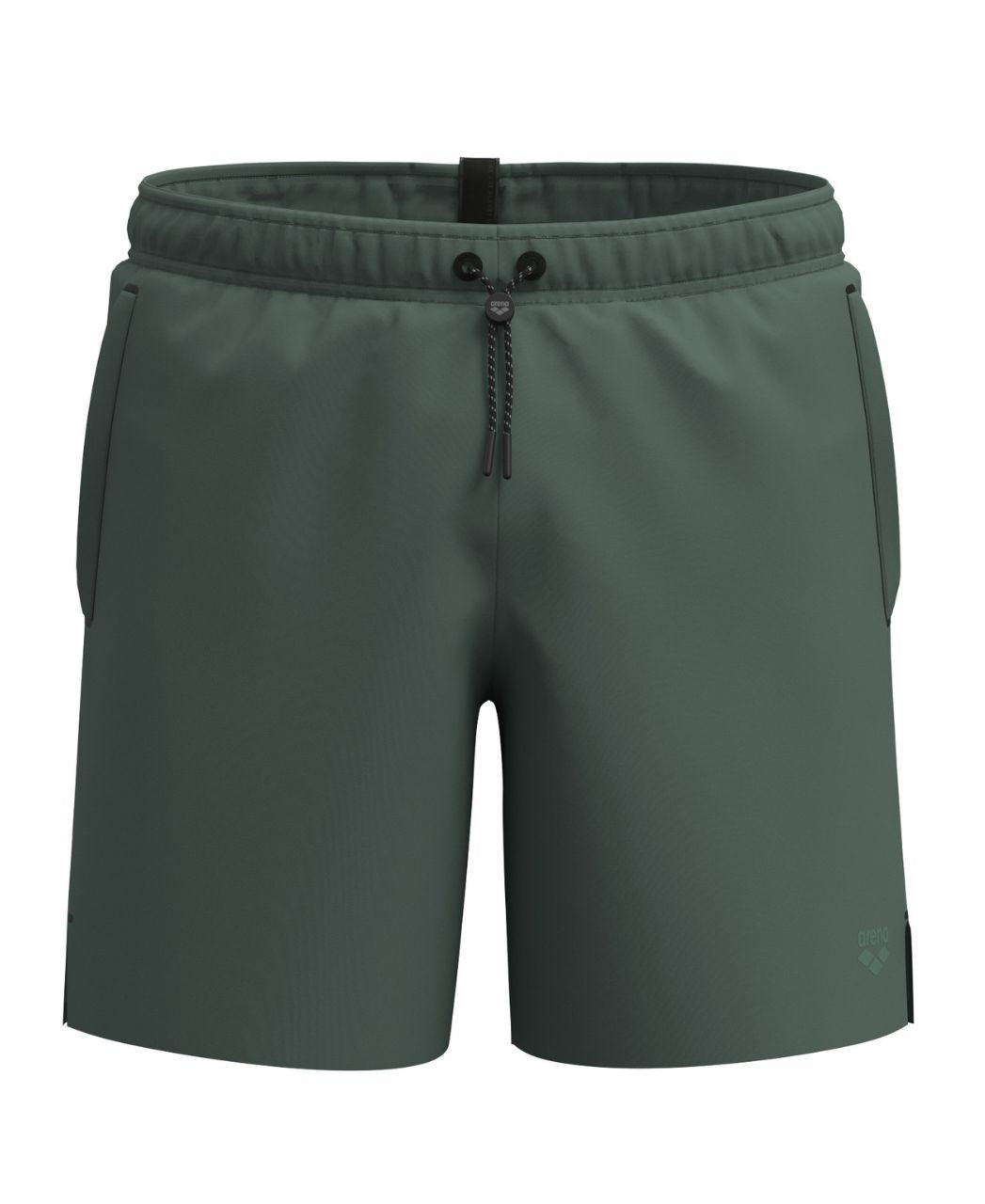 Salvíugrænar Arena Evo II Beach Boxer Solid sundbuxur á hvítum bakgrunni, framhlið með reim