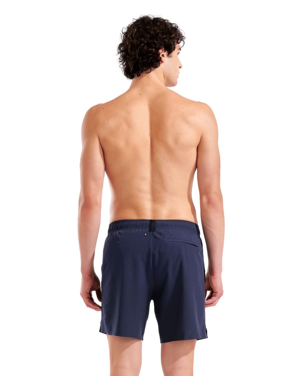 Dökkbláar Arena Evo II Beach Boxer Solid sundbuxur fyrir herra að aftan, renndur rassvasi sést
