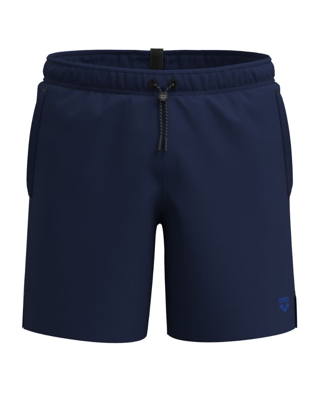 Dökkbláar Arena Evo II Beach Boxer Solid sundbuxur á hvítum bakgrunni, framhlið með reim