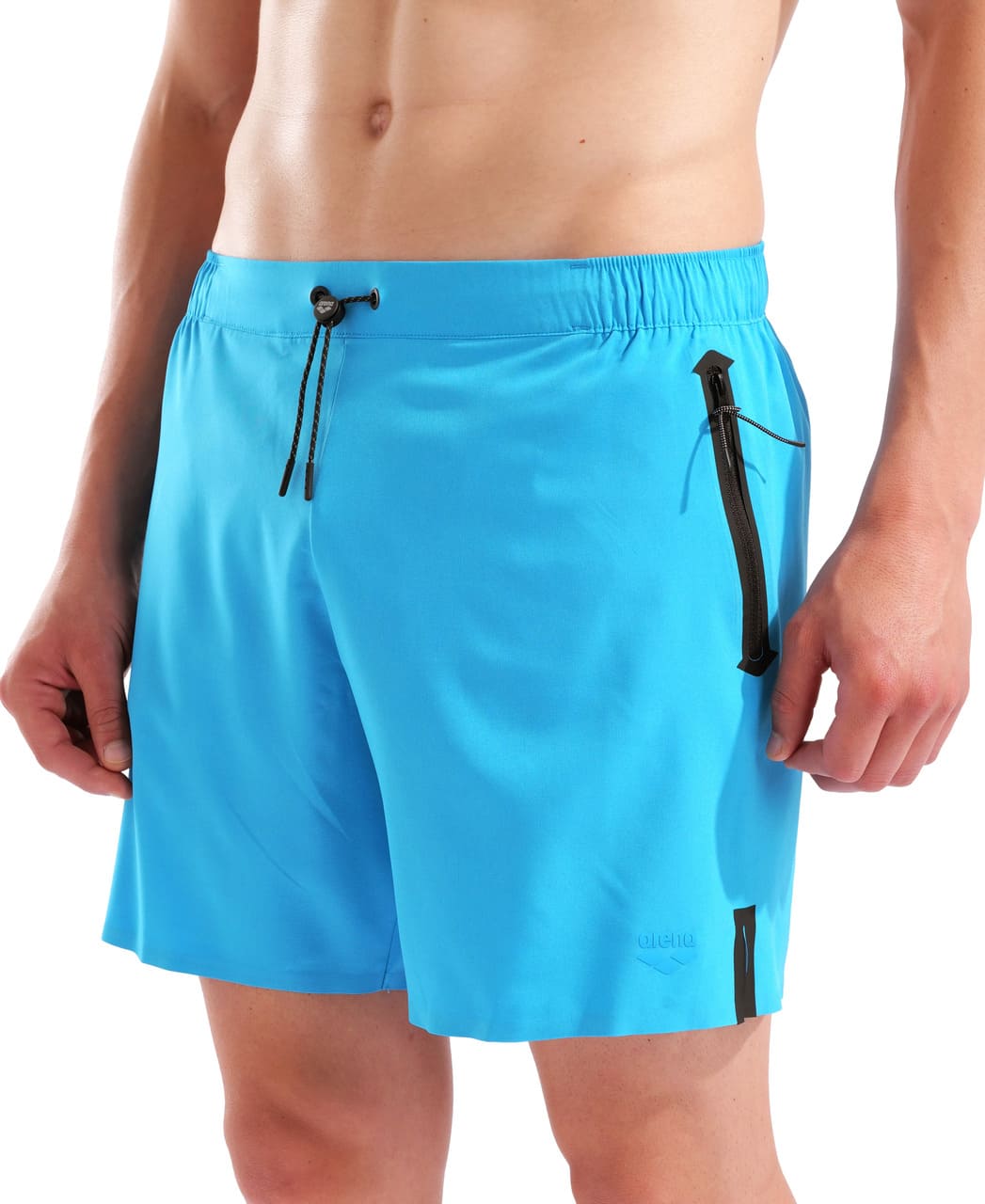 Herra í túrkísbláum Arena Evo Side Zip Pockets Beach Boxer sundbuxum, nærmynd í stúdíó að framan