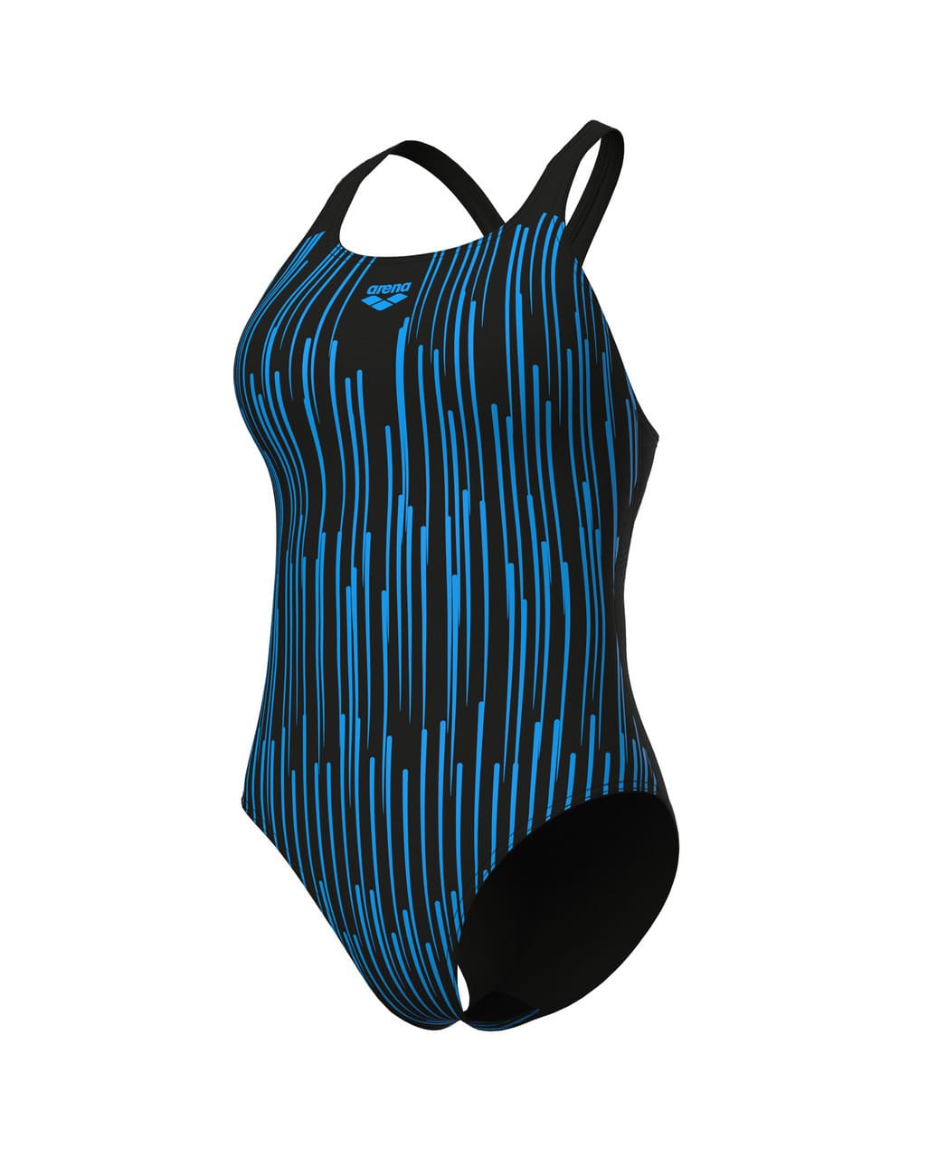 Arena Hyacinth Feel sundbolur – svartur einlitur með bláum línum, framhlið sýnd á hvítum bakgrunni. Arena feel sundföt