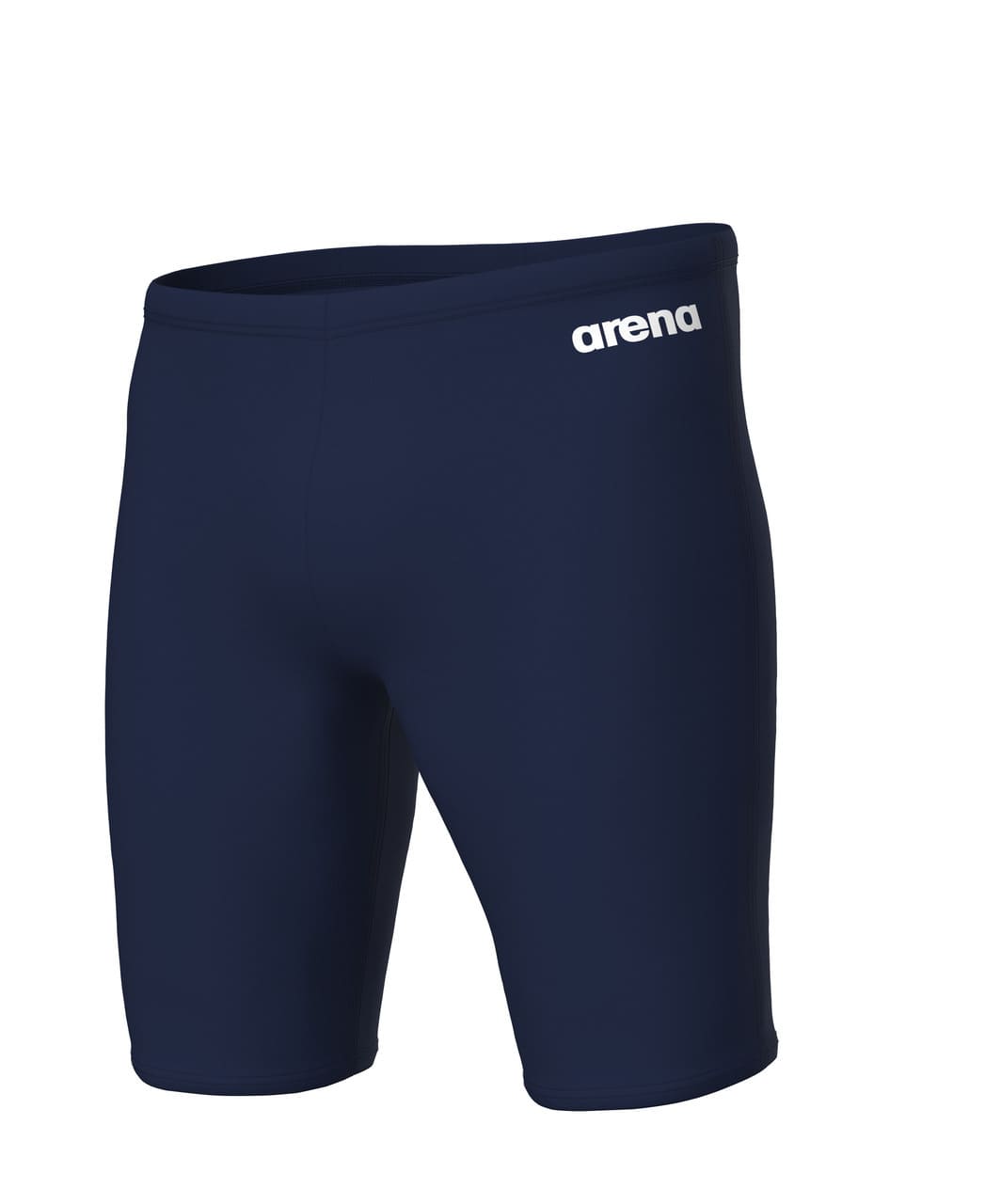 Arena Team Jammer Solid dökkblá síð sundskýla fyrir herra með hvítu Arena lógó, klórþolin jammer-sundskýla í skámynd að framan