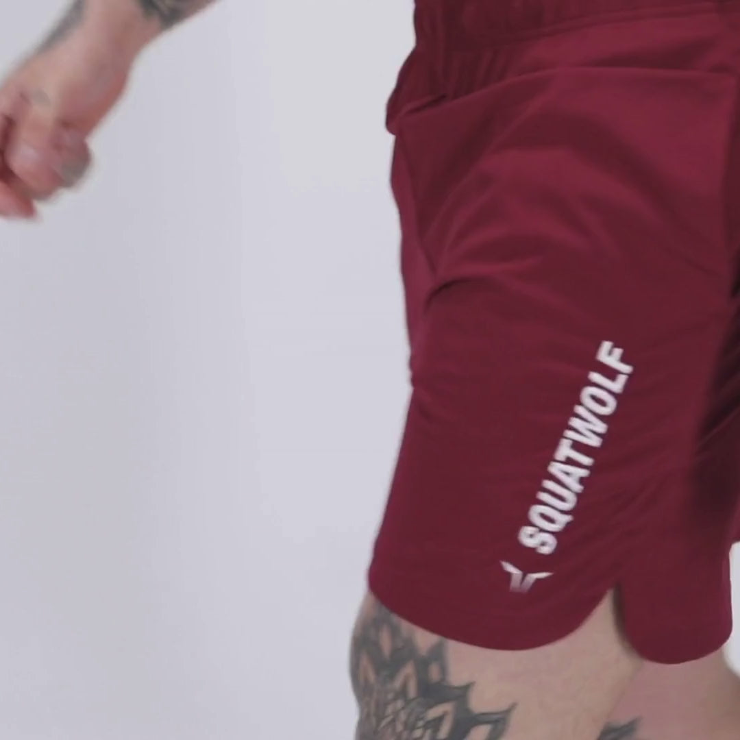 Stuttbuxur - karlar - herra - Íþróttaföt - íþróttafatnaður - æfingaföt - æfingafatnaður - ræktarföt - SQUAT - WOLF - SQUATWOLF - Ludus.is - maroon - rauðar - Crossfit - hlaup
