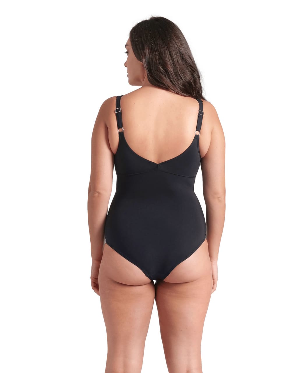 Nærmynd af baki á Arena Milena sundbol með aðhaldi, Wing Back og stillanlegum hlýrum.