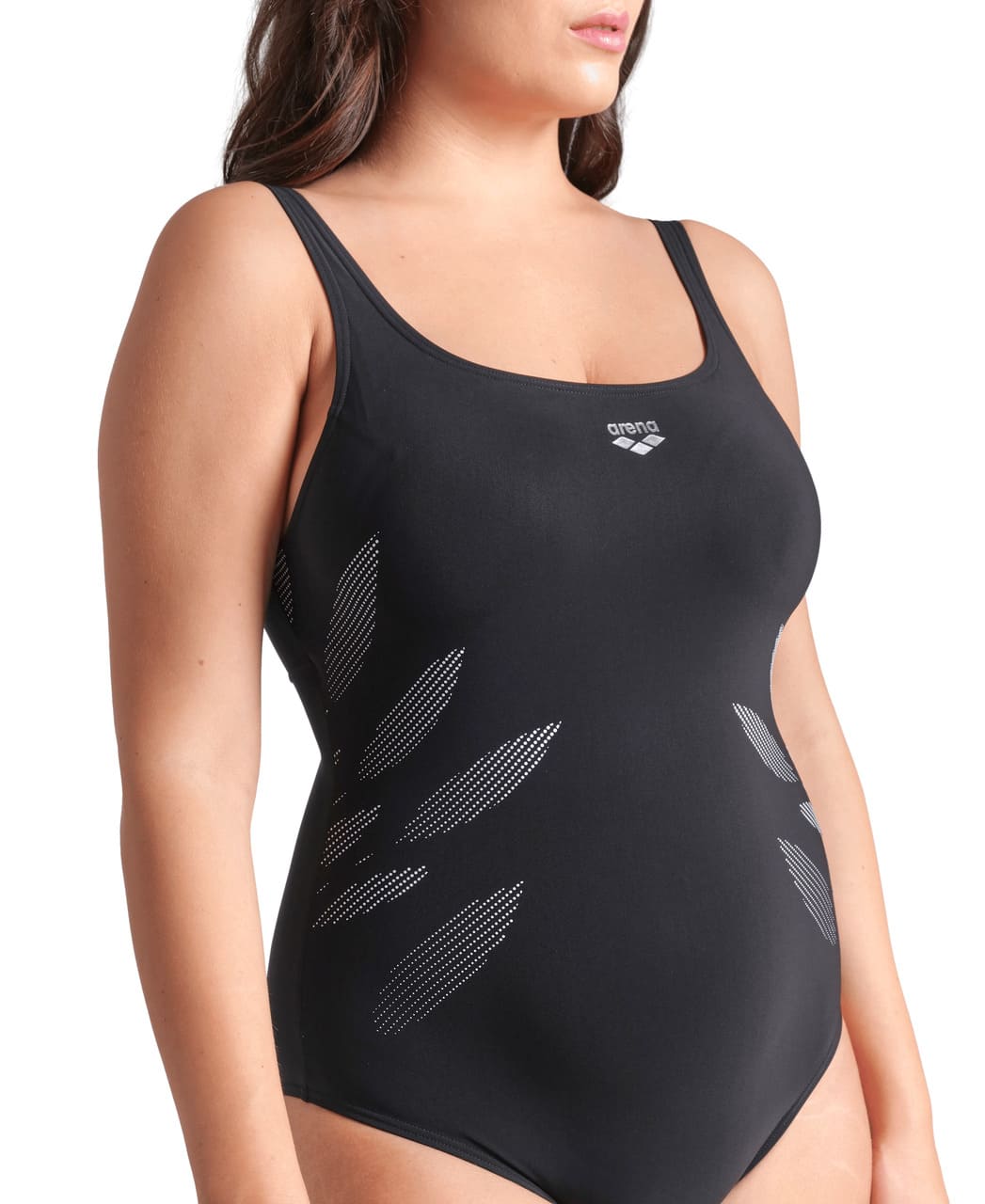 Svartur mótandi sundbolur með aðhaldi, Arena Milena, framan og í hliðarstöðu með fallegu hvítu mynstri.