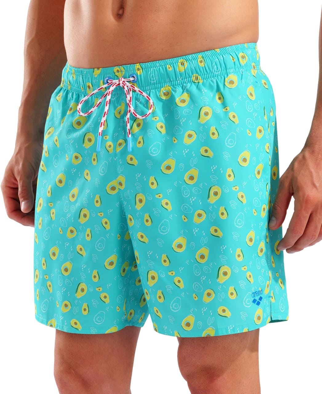 Nærmynd af Arena sundbuxum fyrir herra, avókadómynstruðum sundstuttbuxum með teygjanlegu mitti og reim, fljótþornandi efni úr 100% endurunnu pólýesteri