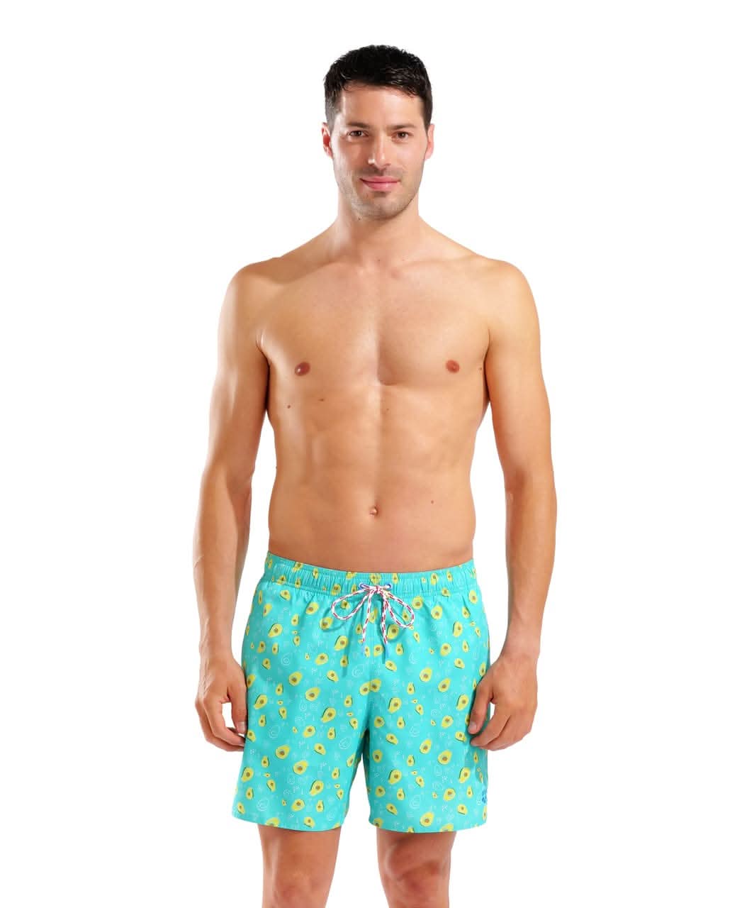 Arena Water Prints Beach Boxer AO sundbuxur fyrir herra, avókadómynstraðar sundstuttbuxur úr fljótþornandi 100% endurunnu pólýesteri, framhlið á fyrirsætu