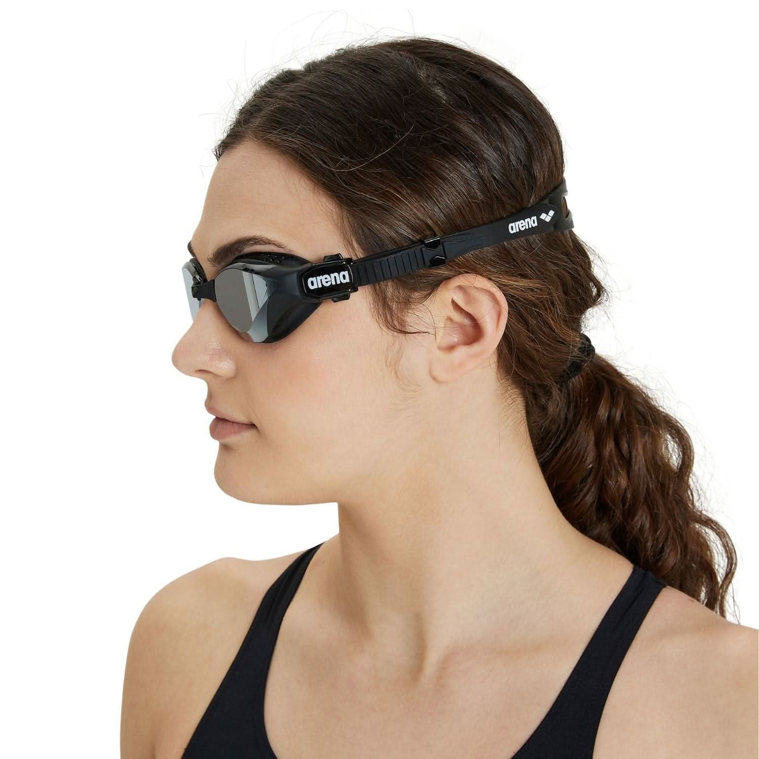 Þríþrautargleraugu-Sundgleraugu-Arena-unisex-konur-karlar-fullorðnir-svört-Cobra-Thriathlon-Swipe-Mirror