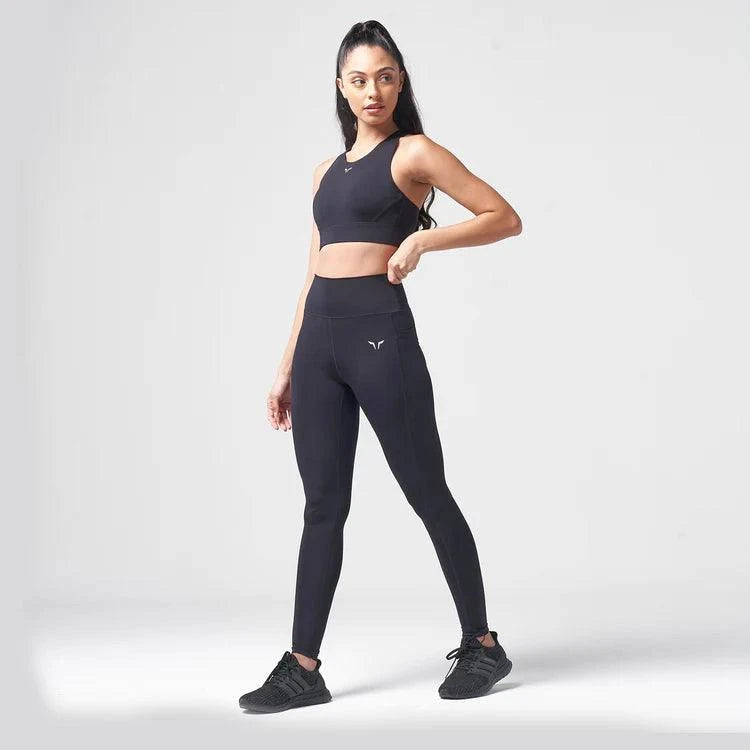 Leggings-konur-kvenna-dömur-íþróttaföt-íþróttafatnaður-æfingaföt-æfingafatnaður-ræktarföt-svartar-Essential - uppháar - leggings - háar - í - mittið