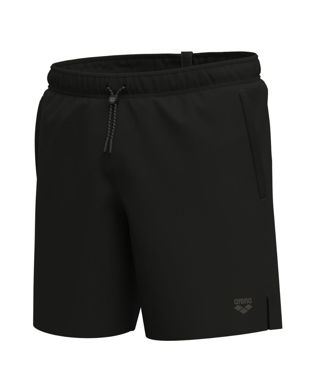 Svartar Arena Evo II Beach Boxer Solid sundbuxur á hvítum bakgrunni, ská framhlið með reim og hliðarvasa
