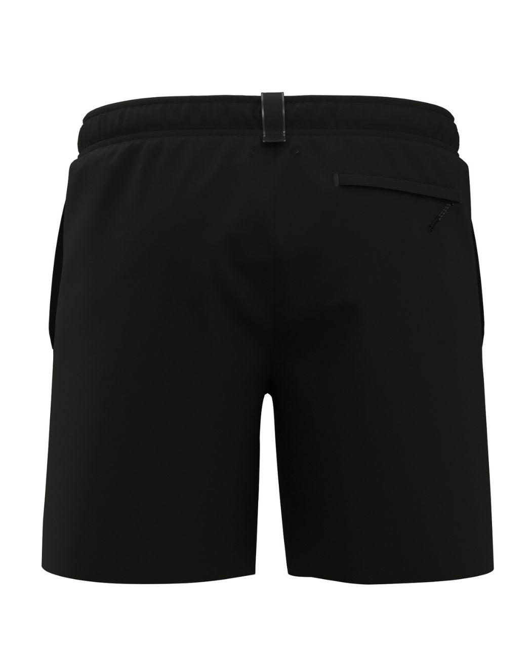 Svartar Arena Evo II Beach Boxer Solid sundbuxur á hvítum bakgrunni, bakhlið með rassvasa og augum