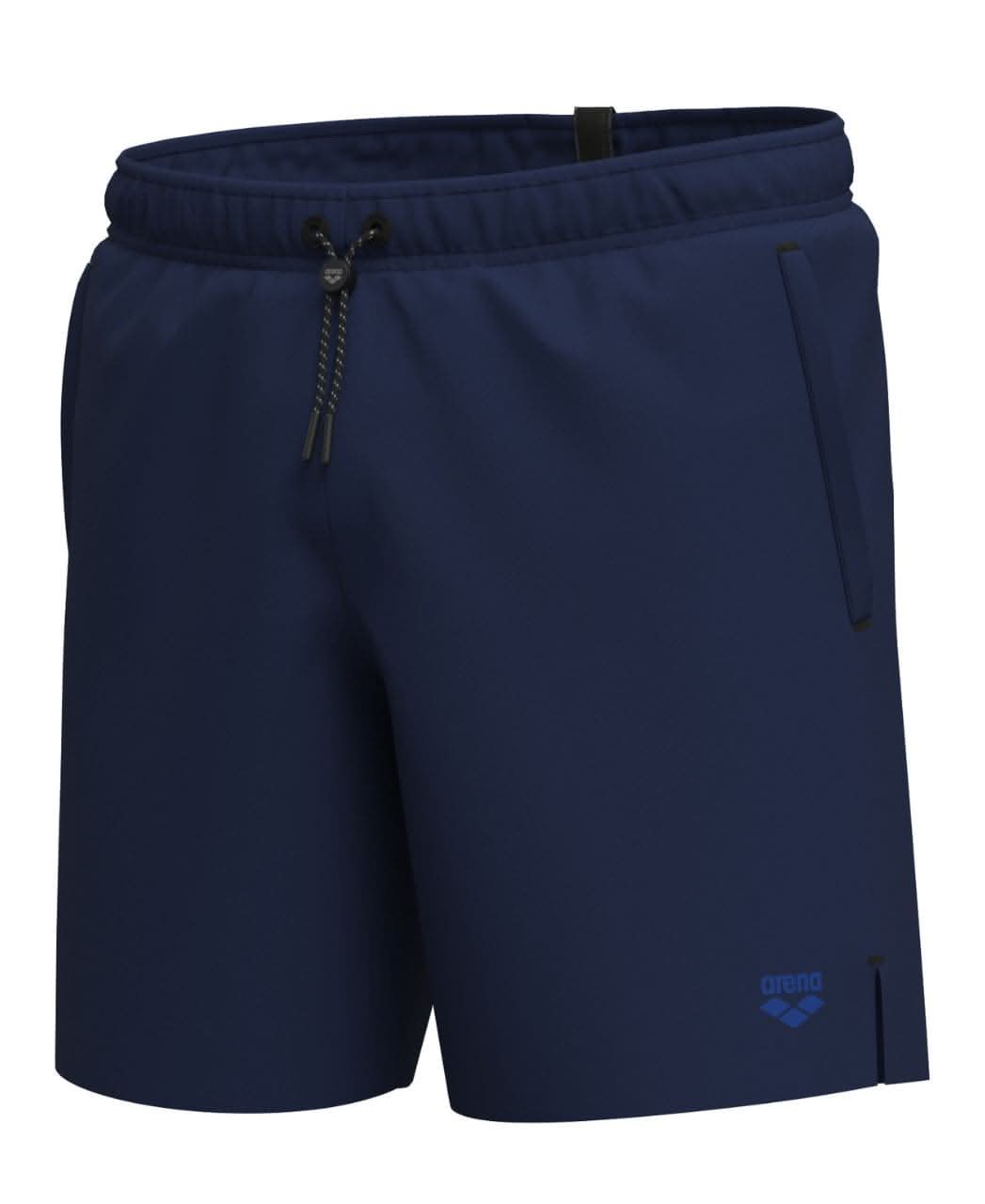 Dökkbláar Arena Evo II Beach Boxer Solid sundbuxur á hvítum bakgrunni, ská framhlið með reim og hliðarvasa