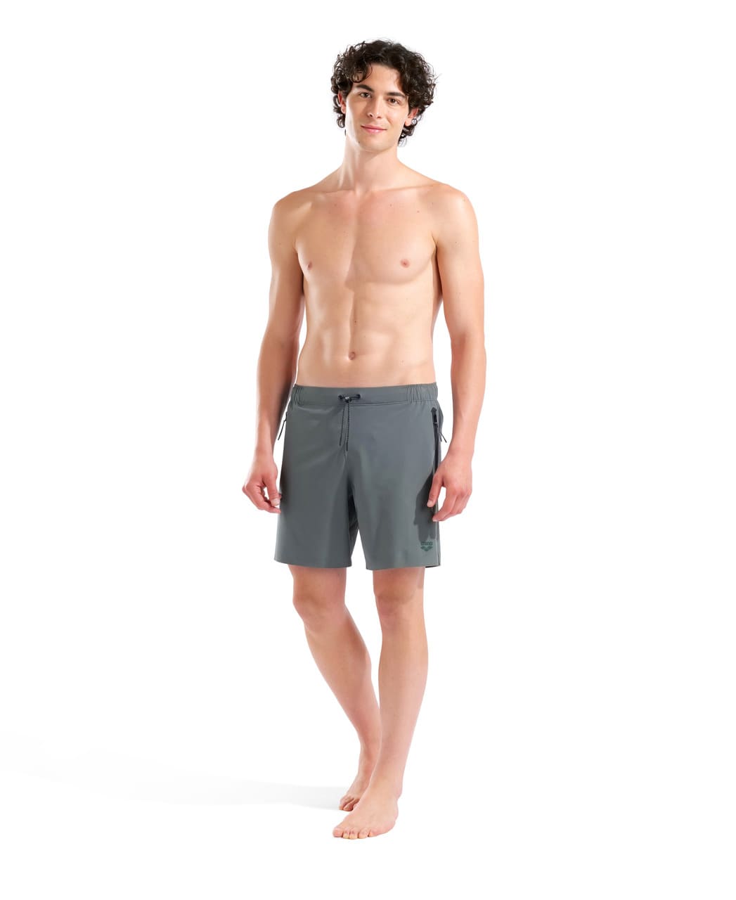 Karl í salvíugrænum Arena Evo II Beach Boxer Side Zip Pockets sundbuxum fyrir herra með rúmlega miðlungs sídd, heil framhlið