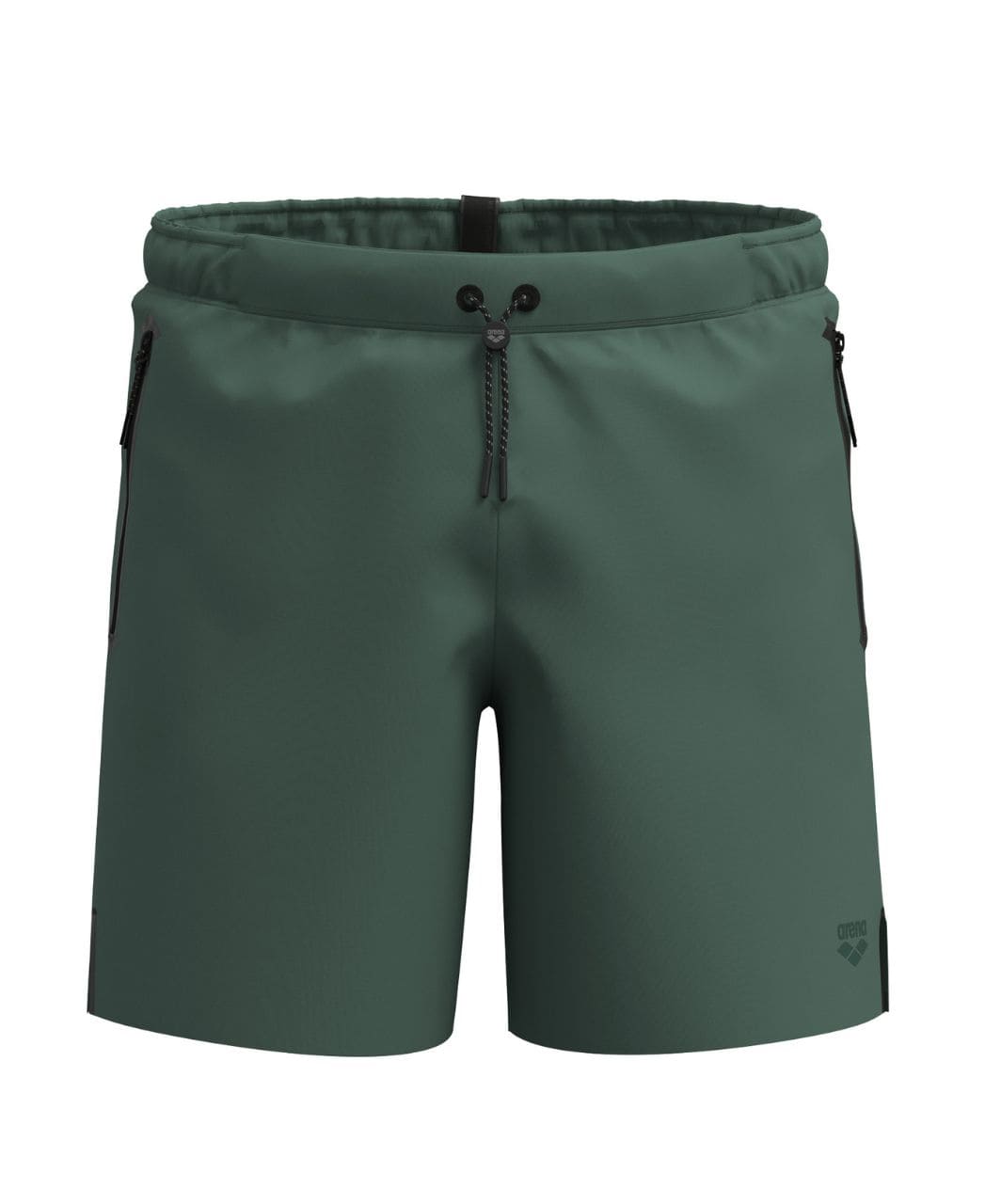Salvíugrænar Arena Evo II Beach Boxer Side Zip Pockets sundbuxur fyrir herra á hvítum bakgrunni, framhlið með reim og renndum hliðarvösum