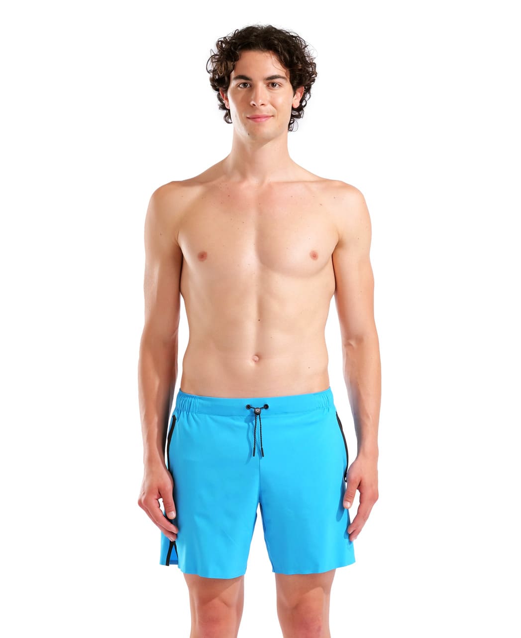 Herra í túrkísbláum Arena Evo Side Zip Pockets Beach Boxer sundbuxum, séð að framan í stúdíó