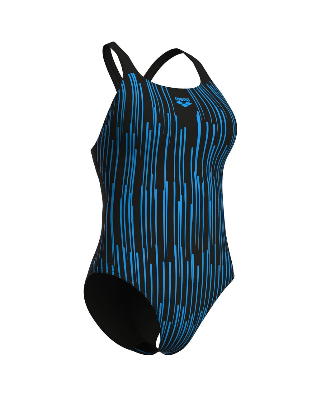 Arena Hyacinth Feel sundbolur – svartur einlit með bláum línum, framhlið sýnd á hvítum bakgrunni.