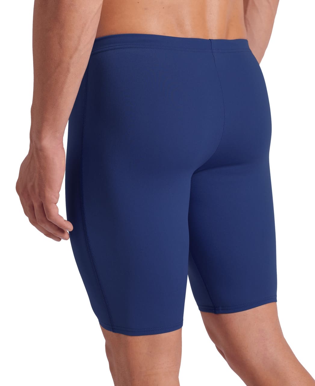 Nærmynd af baki á dökkblárri Arena Team Jammer Solid sundskýlu fyrir herra, þétt snið með teygjanlegum skálmabrúnum