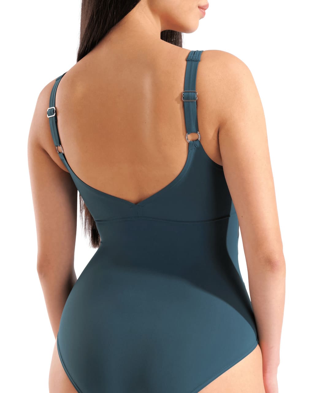 Kona í dökkgrænum og dökkgráum Arena Isabella sundbol með aðhaldi með V-laga Wing baki og stillanlegum hlýrum, nærmynd aftan frá