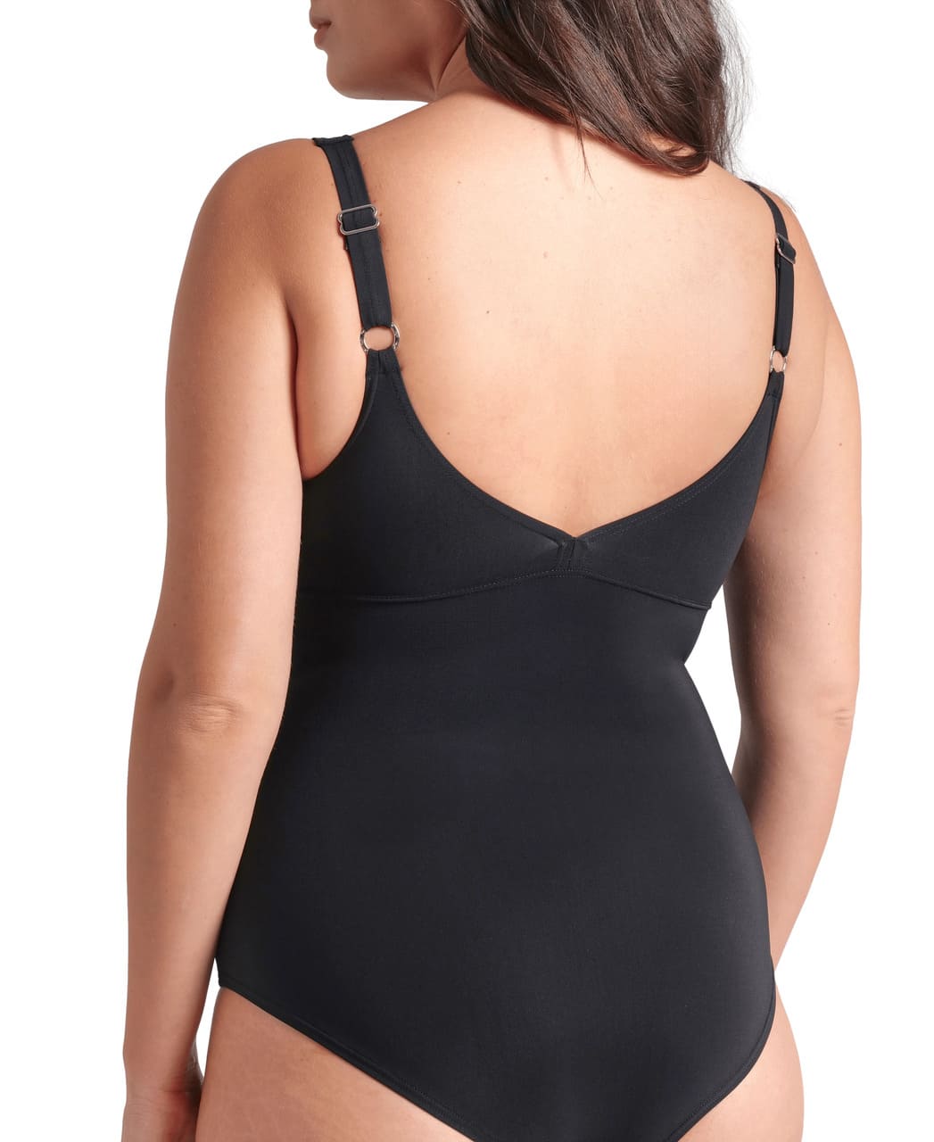 Svartur mótandi sundbolur með aðhaldi, Arena Milena, bakmynd með Wing Back baki.