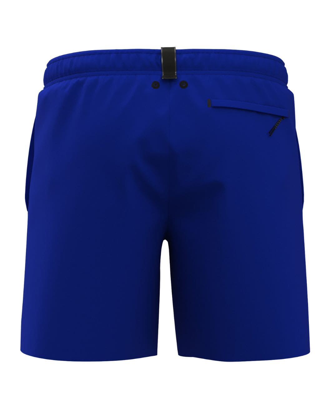 Bakhlið á neonbláum Arena Evo II Beach Boxer Solid sundbuxum fyrir herra með renndum rassvasa og smellulás á reim í mitti.