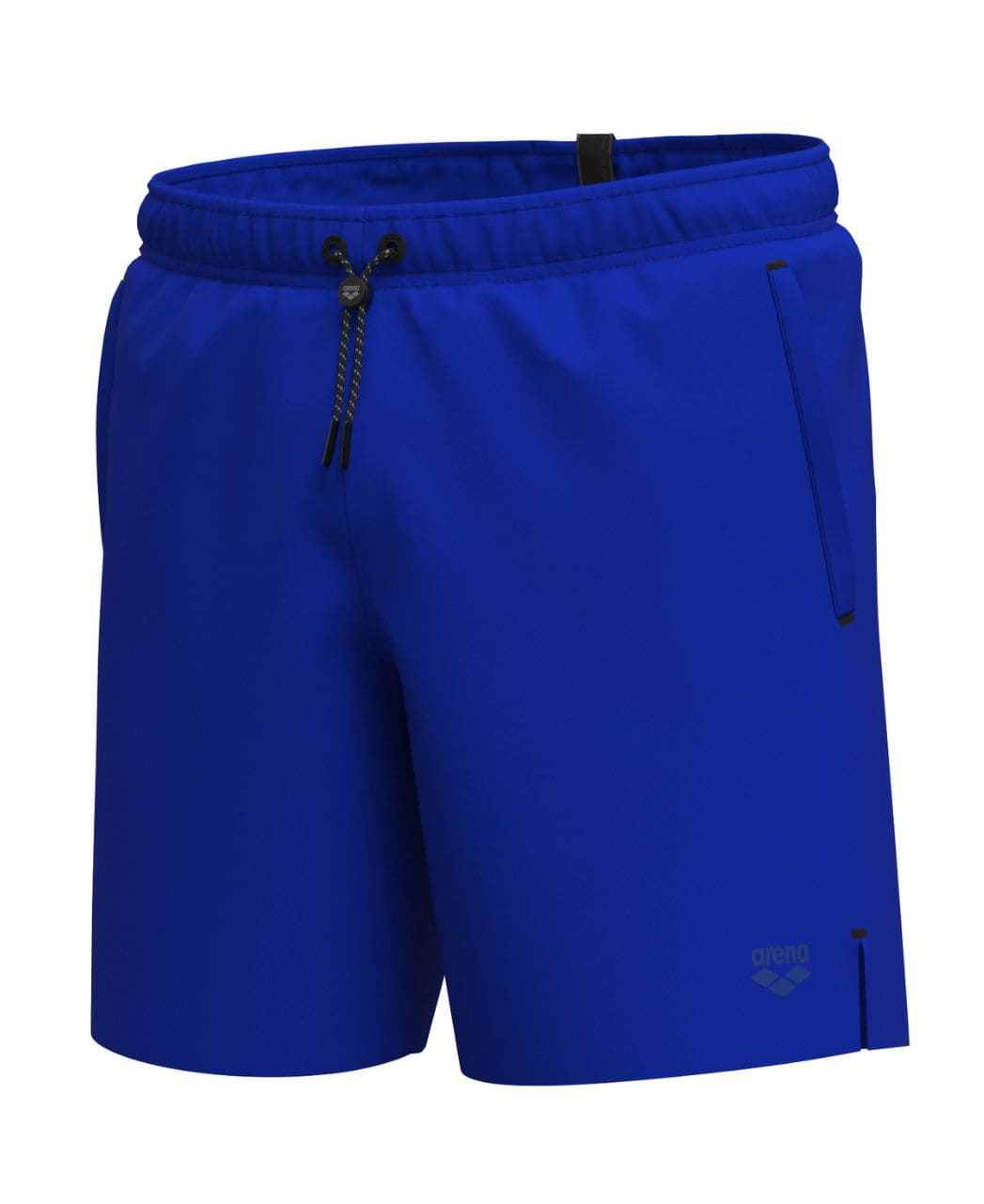 Neonbláar Arena Evo II Beach Boxer Solid sundbuxur fyrir herra séðar að framan á ská, með reim með smellulás, hliðarvasa og Arena lógó neðarlega á skálm.