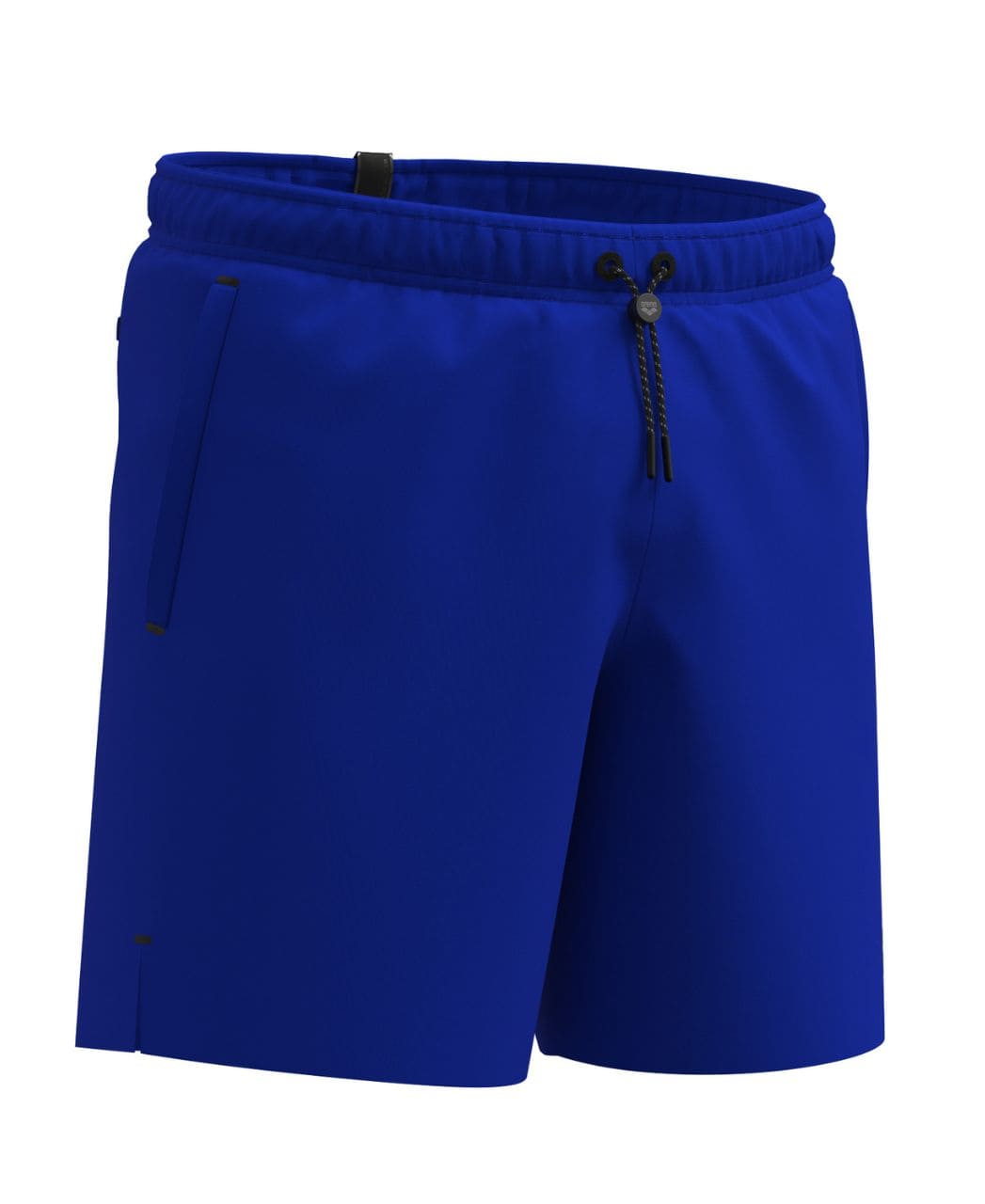 Arena Evo II Beach Boxer Solid sundstuttbuxur fyrir herra í neonbláu, séðar á ská frá hlið með opnum hliðarvasa og klauf neðst á skálm.