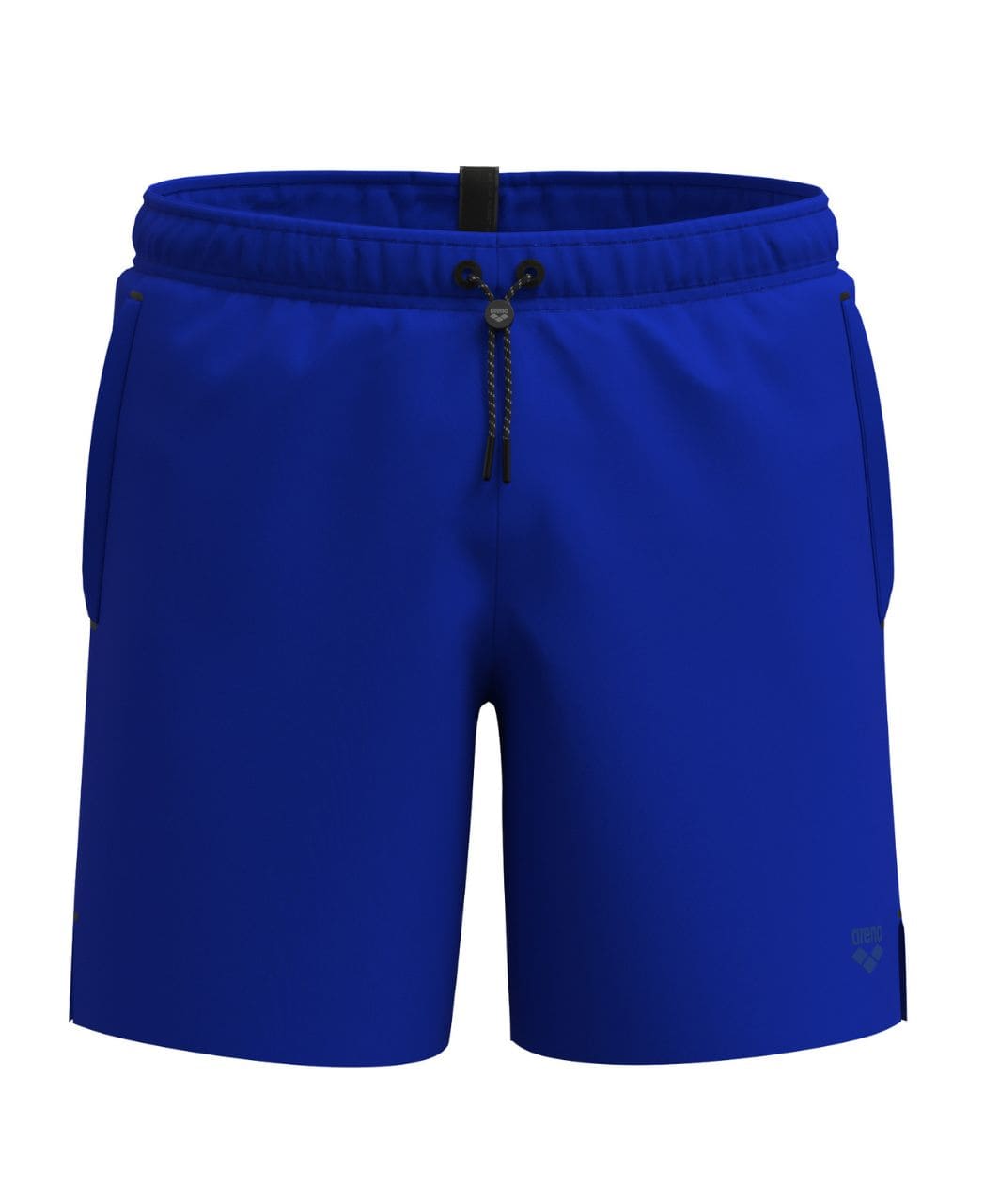 Framhlið á neonbláum Arena Evo II Beach Boxer Solid sundbuxum fyrir herra með reim í mitti, opnum hliðarvösum beggja vegna og Arena merki neðarlega á skálm.