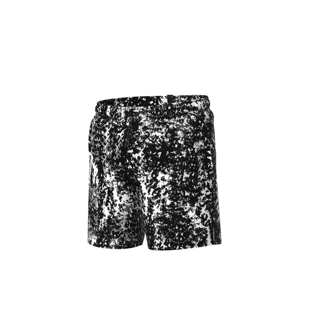 Arena Evo II Beach Boxer Allover sundbuxur fyrir herra, svart-hvítar sundstuttbuxur úr fljótþornandi 90% endurunnu pólýesteri og 10% elastani, mynd af stökum sundbuxum án fyrirsætu