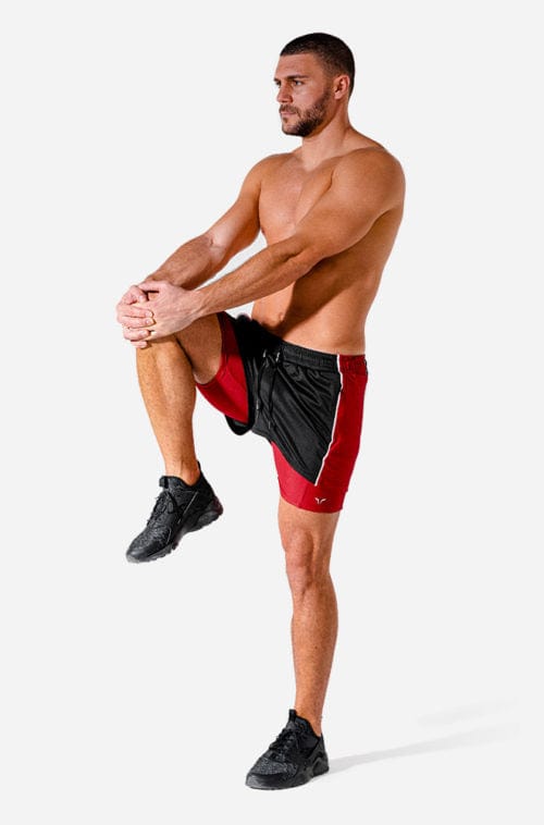 Íþróttaföt frá Squat Wolf í vefverslun Ludus.is. Æfingafatnaður - Hybrid 2 in 1 shorts eru flottar stuttbuxur fyrir herra. Þessar svörtu og rauðu stuttbuxur henta jafnt í Crossfit sem hlaup. #litur-color_onyx-red